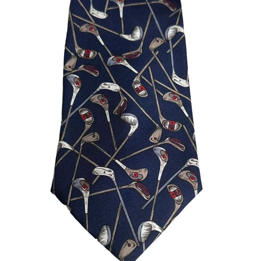 VTG Bert Pulitzer 100% Silk Mens Neck Tie Golf Clubs All Over Print 58